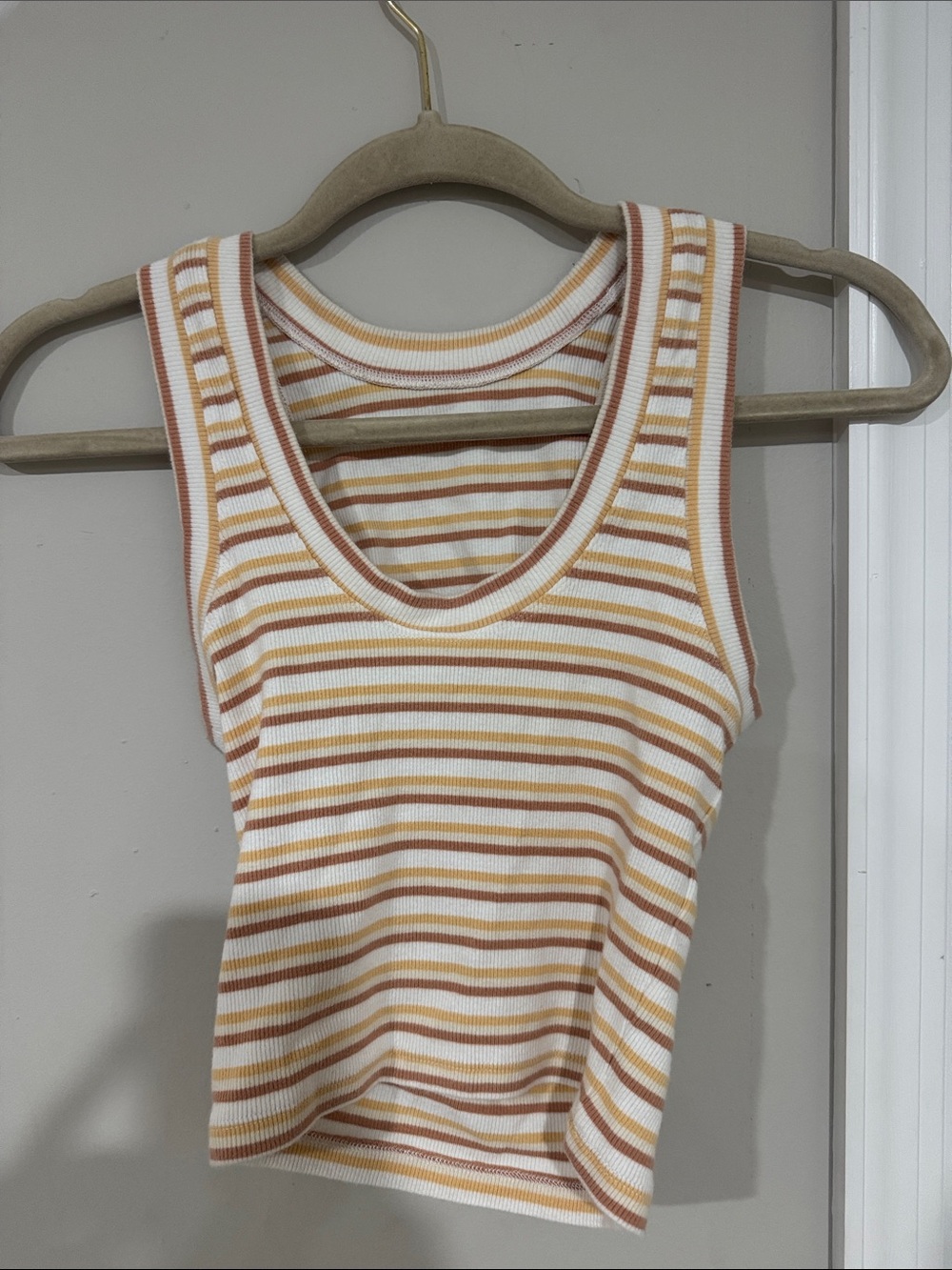 Abercrombie & Fitch Striped Ribbed Tank in White, Tan & Yellow Gold